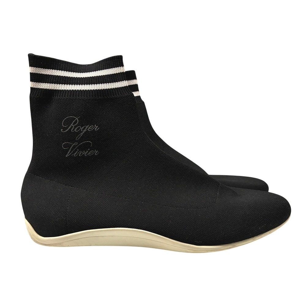 Roger Vivier Sock Knit Stripe Sneaker Womens Size 8 Black Luxury Slip On Comfort